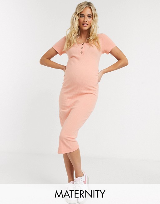Missguided Maternity ribbed button front t-shirt dress in peach
