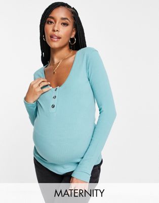 Missguided Maternity ribbed button front top in teal