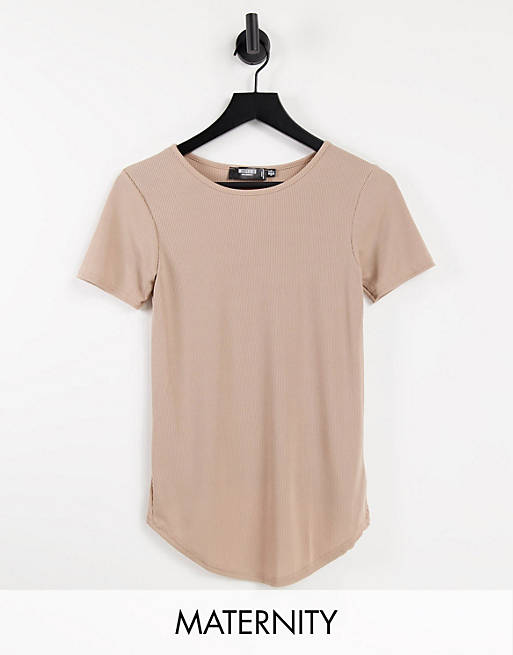 Missguided Maternity ribbed crew neck t-shirt in brown