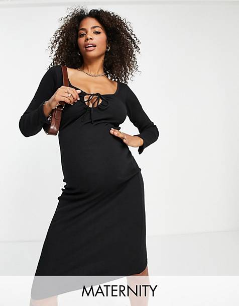 Women Maternity Dress V Neck Pregnancy Clothes Long Sleeve Jumper Midi Dress UK 