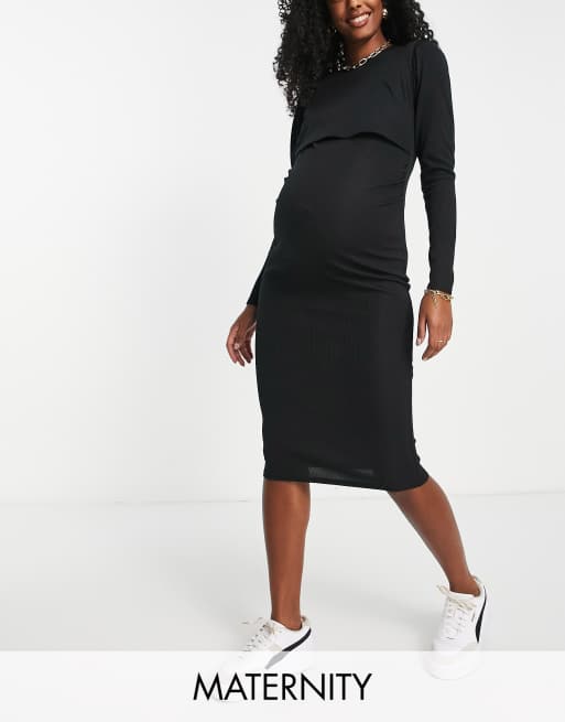 Ribbed Maternity & Nursing Midi Dress