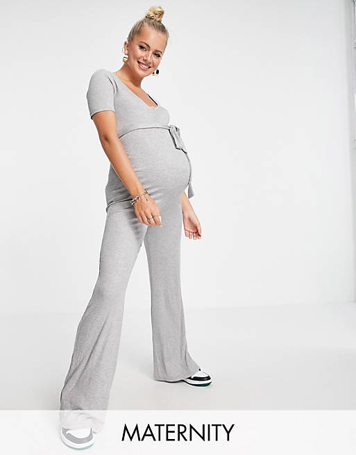 Missguided Maternity ribbed popper jumpsuit in grey