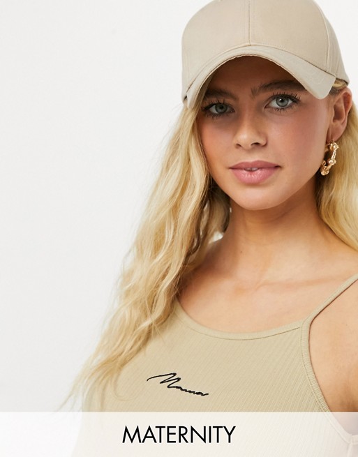 Missguided Maternity ribbed racer neck top with script detail in cream