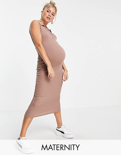 Missguided Maternity ribbed sleeveless dress with collar in rose
