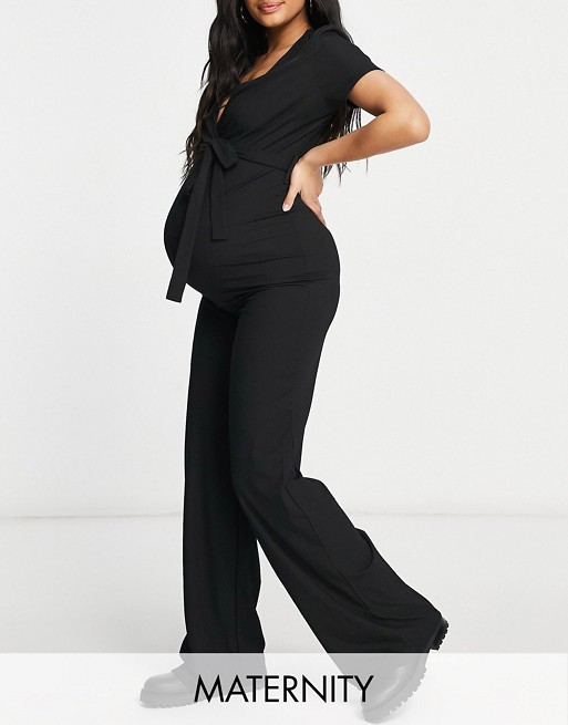Missguided Maternity ribbed wide leg jumpsuit with wrap front in black