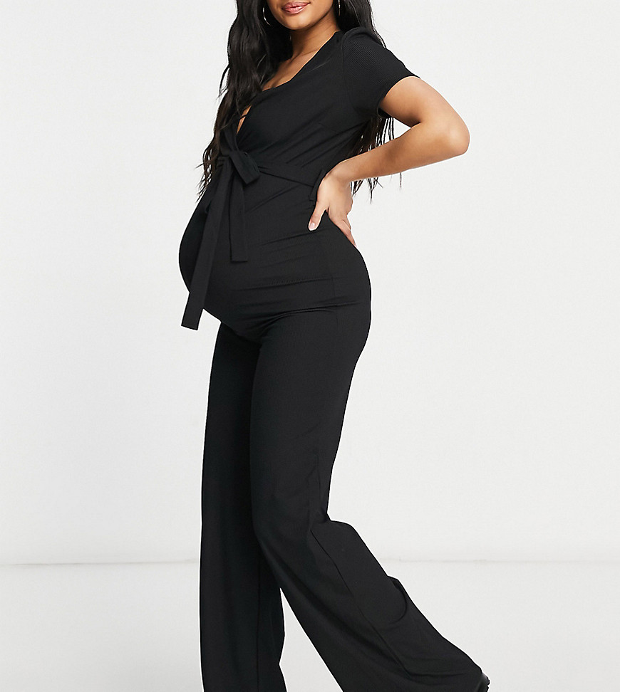 Missguided Maternity ribbed wide leg jumpsuit with wrap front in black