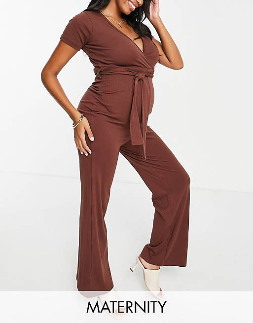 Missguided Maternity ribbed wrap belted jumpsuit in chocolate