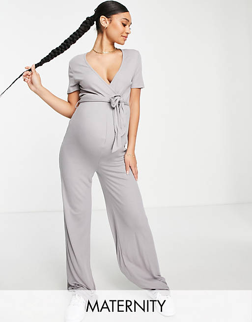 Missguided Maternity ribbed wrap jumpsuit in grey