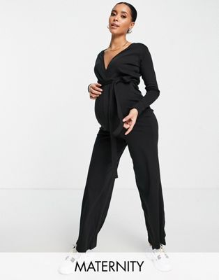 Missguided Maternity ribbed wrap jumpsuit with belt in black