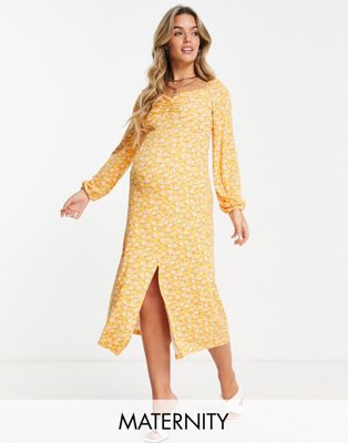 Missguided Maternity midaxi dress with sweetheart neckline in yellow floral - ASOS Price Checker