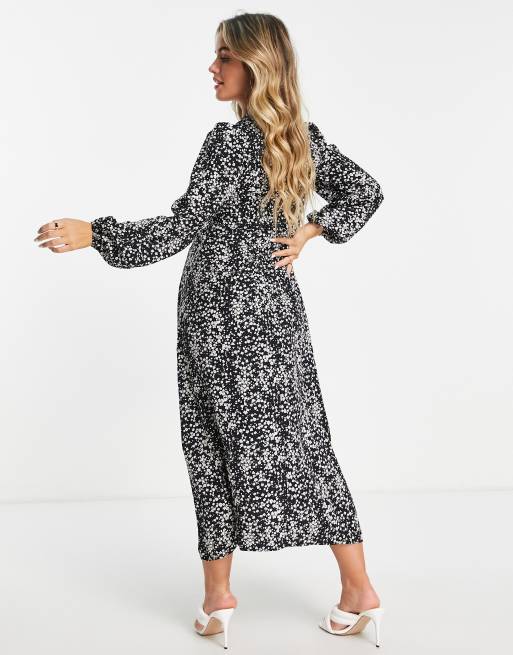 Missguided Maternity - Robe mi-longue ceinturée à manches volumineuses et imprimé fleuri - Noir, 2 de 4