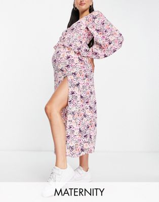 Missguided Maternity ruffle smock midaxi dress in pink floral print