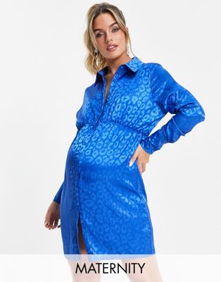 Missguided Maternity satin jacquard mini shirt dress in blue