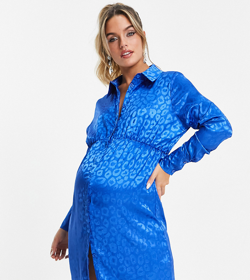 missguided maternity satin jacquard mini shirt dress in blue