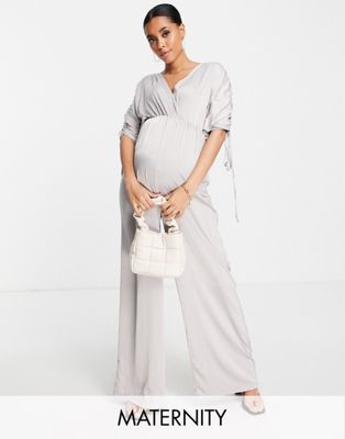 Missguided Maternity satin wrap ruched jumpsuit in silver