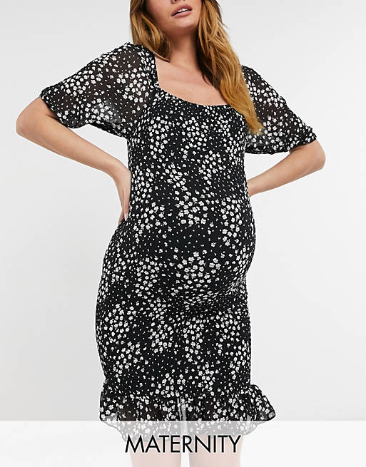 Missguided Maternity shirred midi dress in black floral
