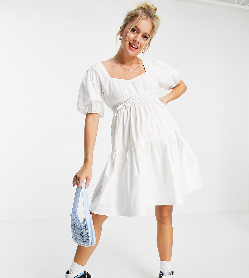 Missguided Maternity shirred mini dress with puff sleeve in white