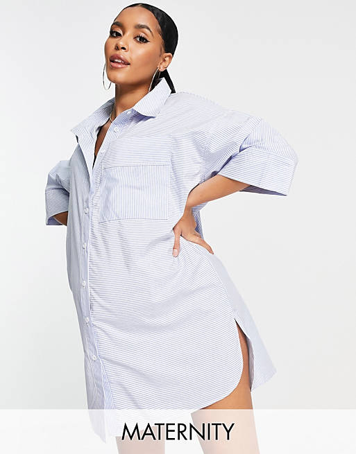 Missguided Maternity shirt dress with crop sleeve in blue stripe