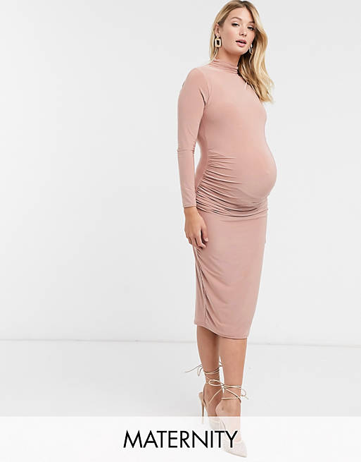 Missguided Maternity slinky midi dress in blush | ASOS