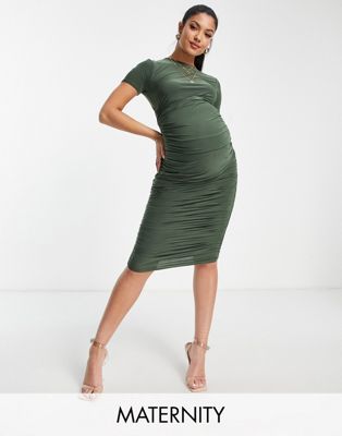 Missguided Maternity slinky midi dress in khaki