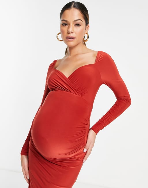 Missguided Maternity slinky wrap midi dress in burgundy