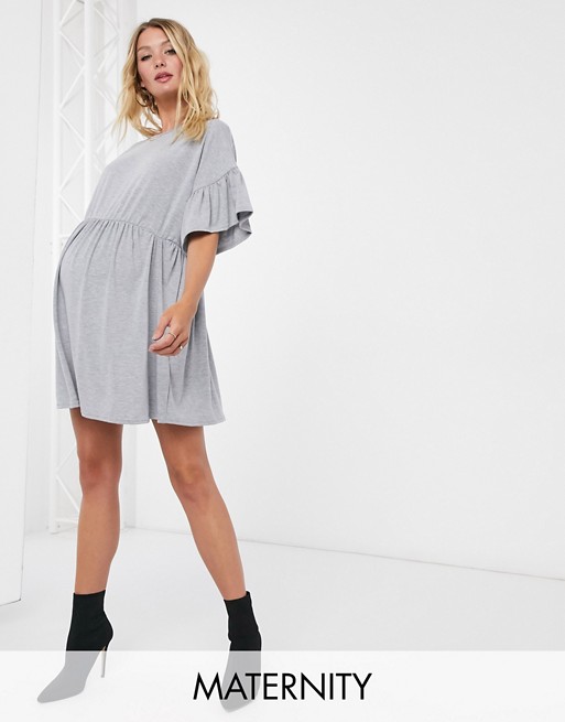 Missguided Maternity smock dress with frill sleeves in grey