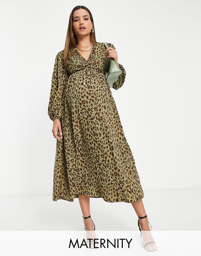 Missguided Maternity smock midaxi dress in olive leopard print