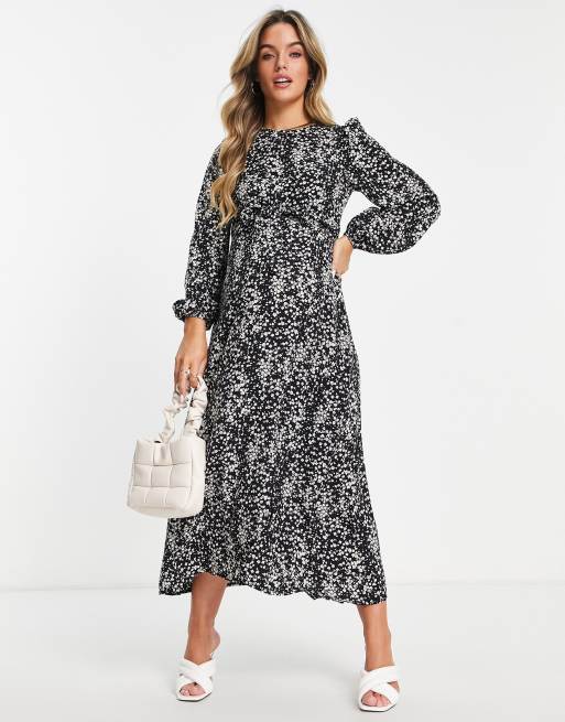 Missguided Maternity – Svart blommig midiklänning med skärp och volymärmar, 4 av 4