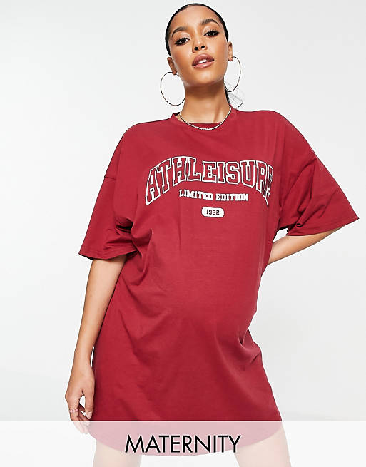 Missguided Maternity t-shirt dress with athleisure graphic in burgundy