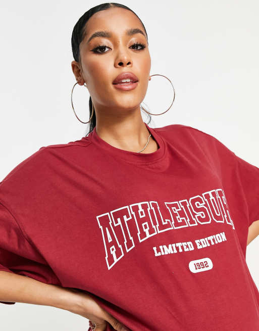 Missguided Maternity t-shirt dress with athleisure graphic in burgundy, 3 of 4