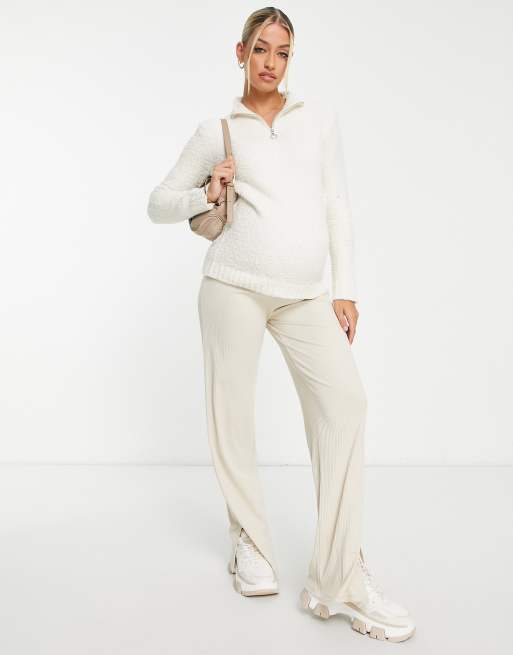 Missguided Maternity teddy zip up jumper in cream
