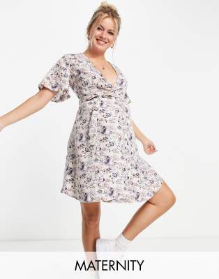 Missguided Maternity Missguided Maternity tie front mini dress in lilac-Purple