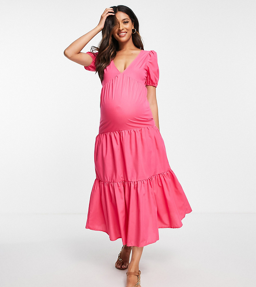Missguided Maternity tiered smock dress in fuschia-Pink