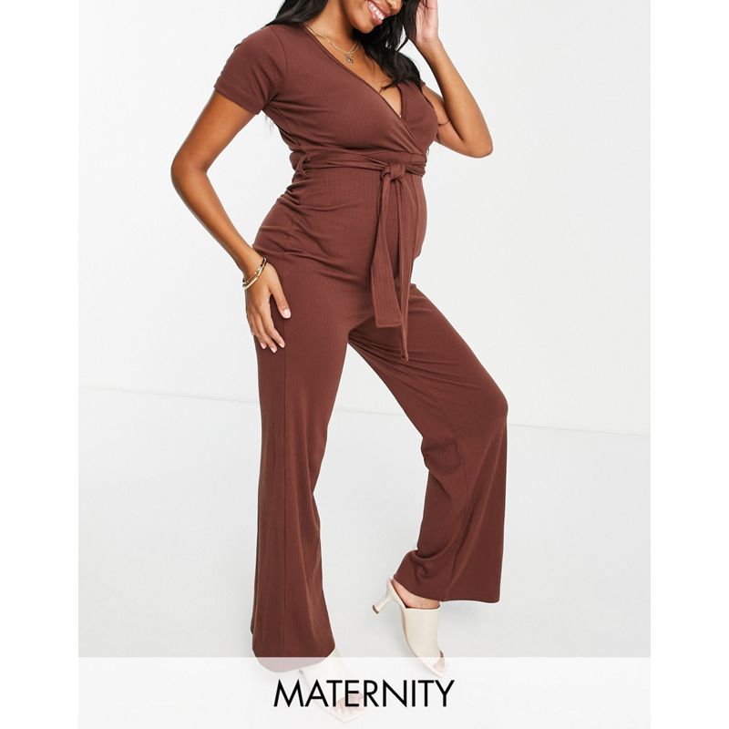 59UDt Tute jumpsuit Missguided Maternity - Tuta jumpsuit a coste con cintura color cioccolato