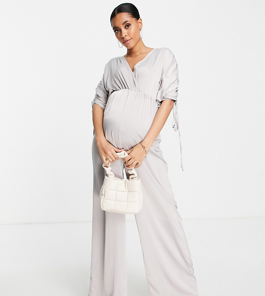 missguided maternity - tuta jumpsuit avvolgente arricciata in raso, colore argento