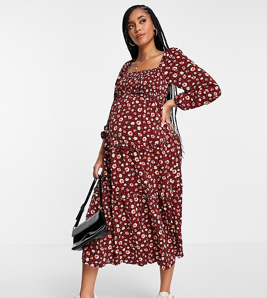 missguided maternity - vinröd panelsydd midaxiklänning med blommigt mönster