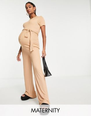 Missguided Maternity wide leg jumpsuit with short sleeve in camel - ASOS Price Checker