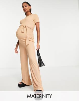 Missguided Maternity wide leg jumpsuit with short sleeve in camel - ASOS Price Checker