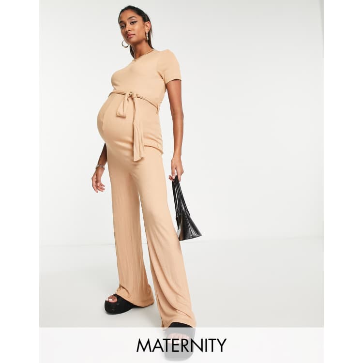 Maternity Short Sleeve Rib Tie Waist Jumpsuit