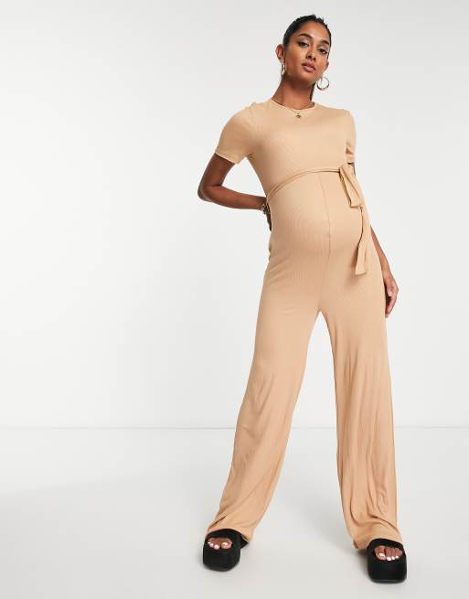 Missguided Maternity wide leg jumpsuit with short sleeve in camel