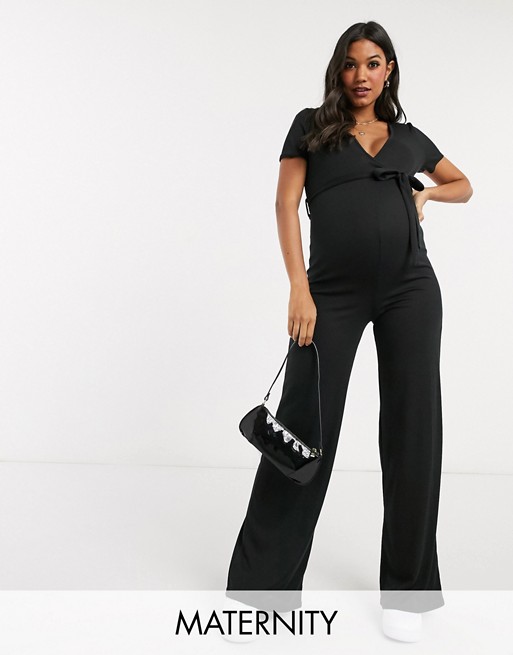 Missguided Maternity wrap belted ribbed jumpsuit in black