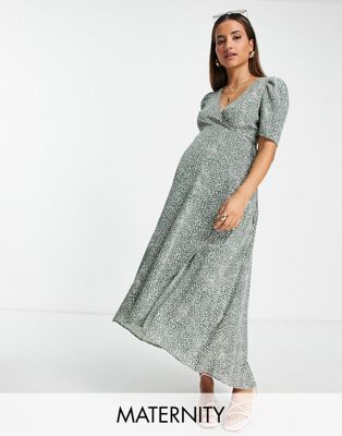 Missguided Maternity printed wrap midi dress with dipped hem in green