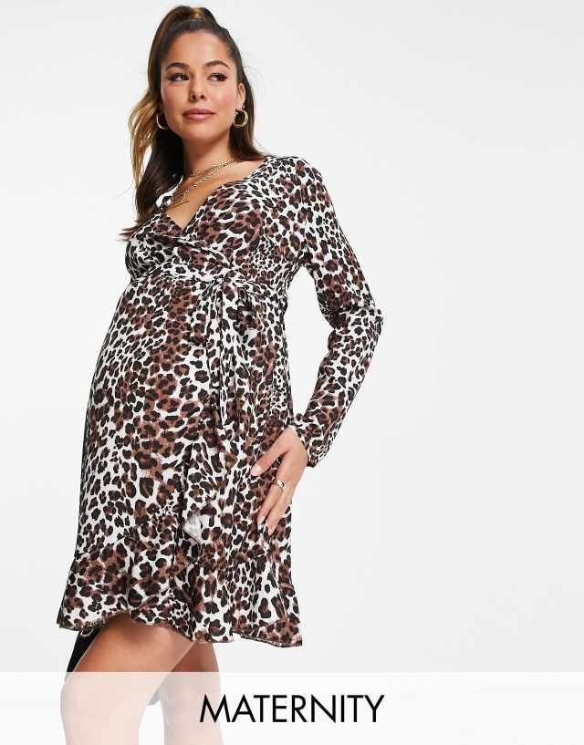 Missguided Maternity wrap mini dress in animal print