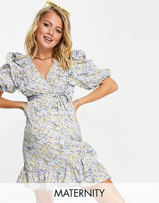 Missguided Maternity wrap mini dress with ruffle detail in blue floral