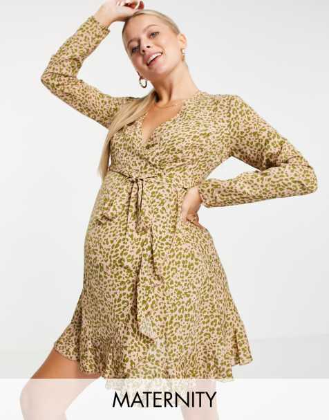 Missguided Maternity wrap mini dress with ruffle detail in pink