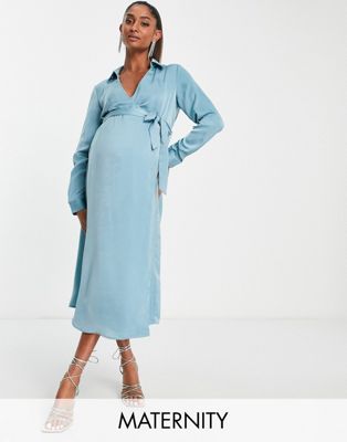 Missguided Maternity wrap shirt dress in blue satin