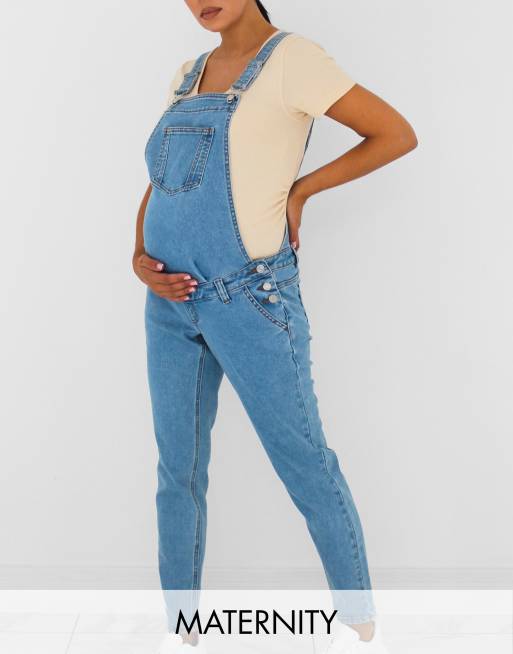 Missguided Maternity - Zwangerschapstuinbroek van denim in blauw