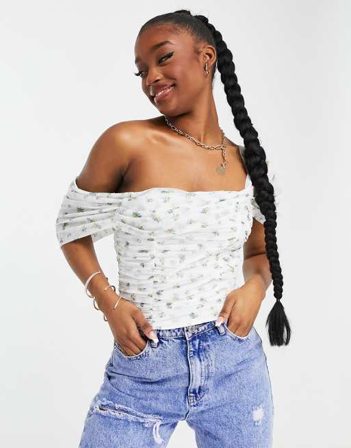 Missguided Mesh Bardot Crop Top In White Floral Asos 2560