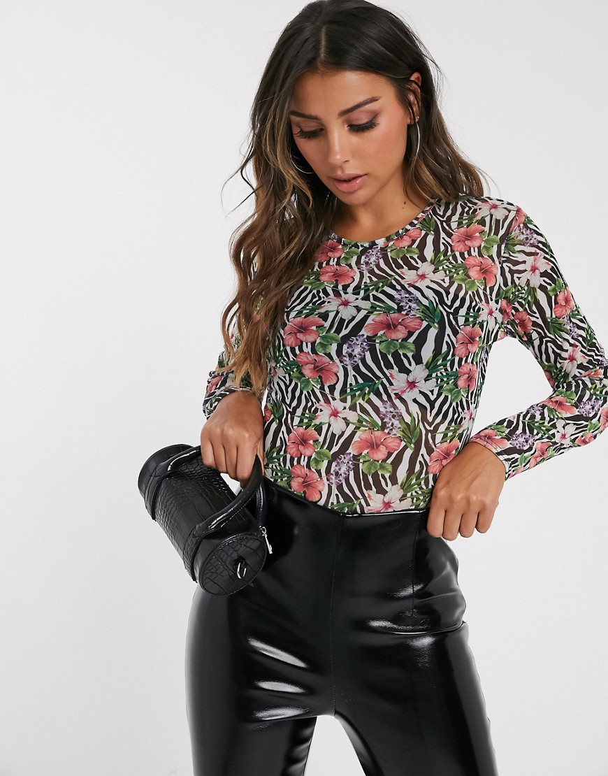 Missguided mesh body in floral and zebra mesh-Multi