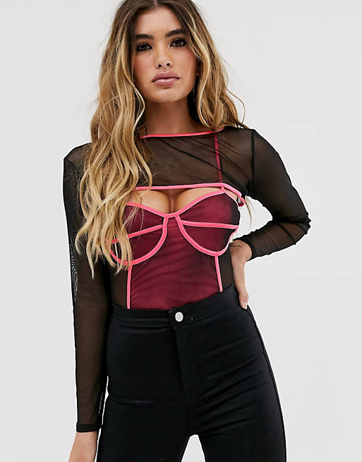 Missguided mesh body with pink neon piping in black